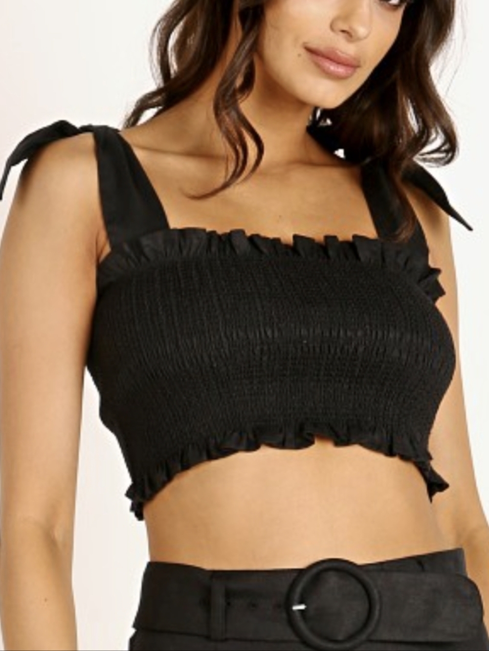 Smocked Stretchy Black Crop Top Tie Shoulders